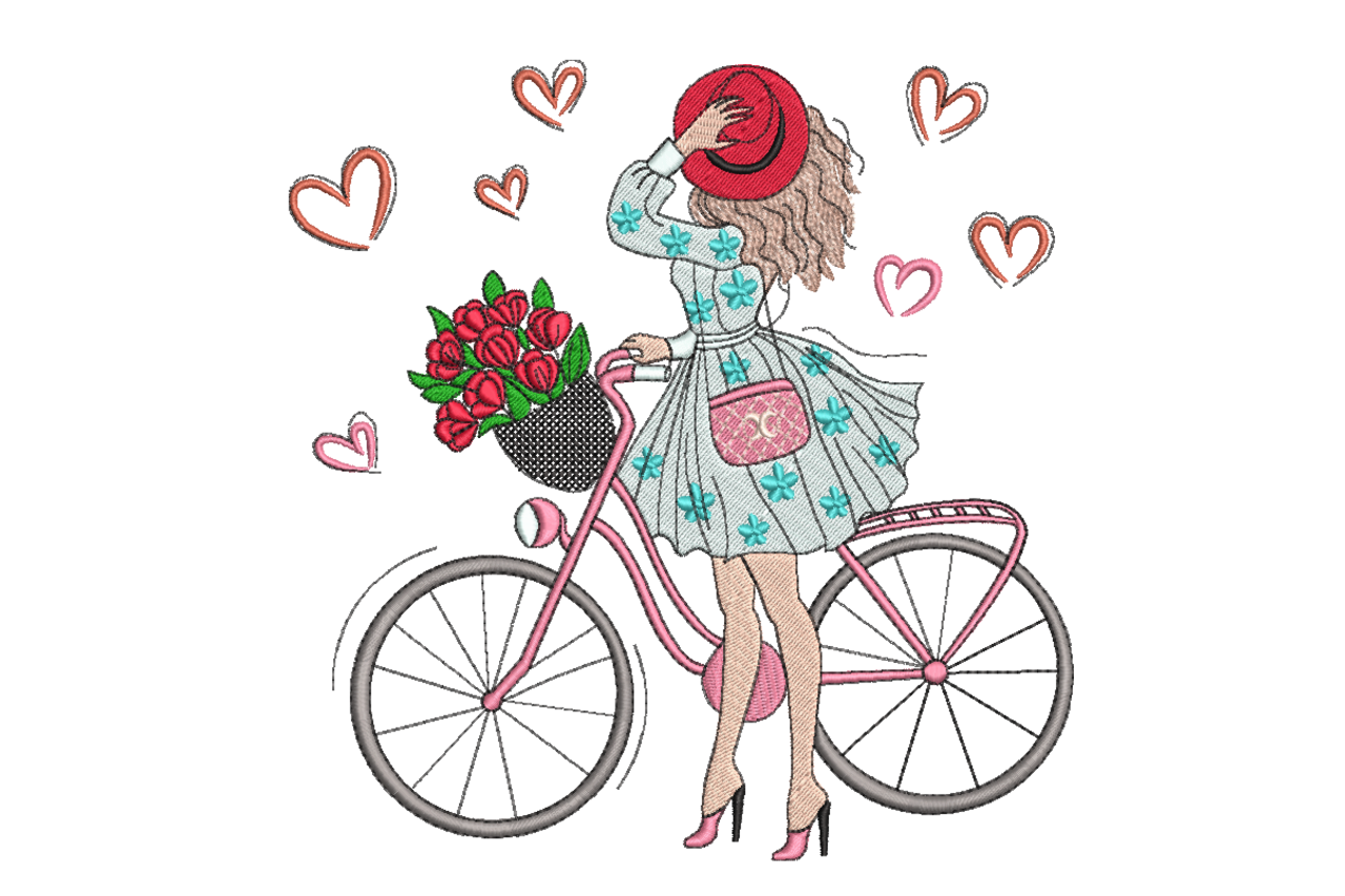 Vintage Bicycle Girl Roses Hearts Machine Embroidery Design