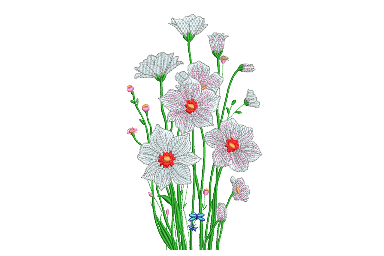 White Cosmos Wildflower Bouquet Machine Embroidery Design