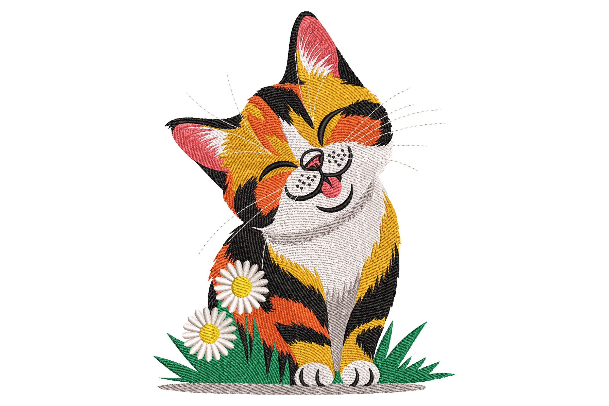 Calico Cat with Daisies Machine Embroidery Design