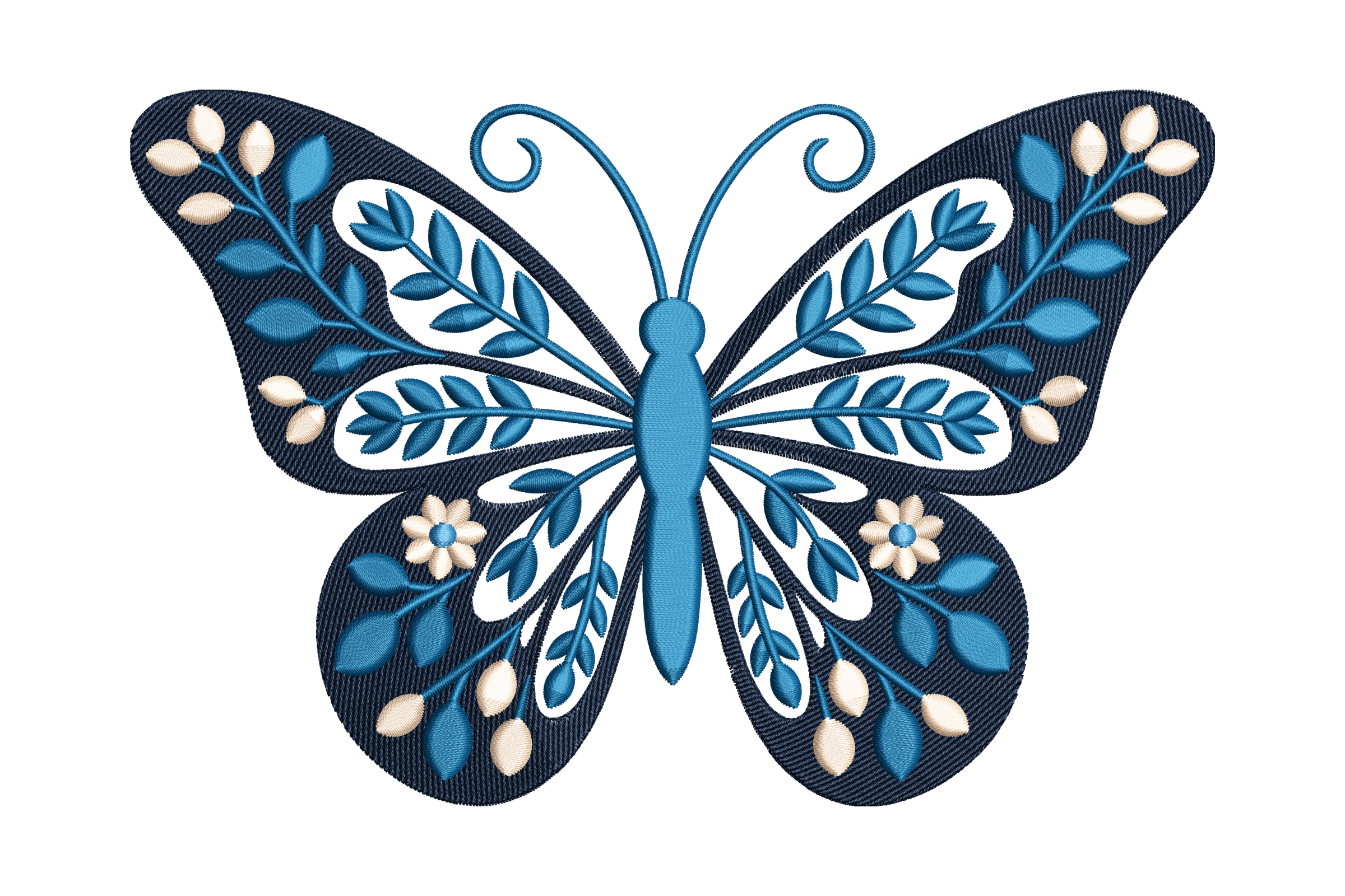 Elegant Blue Floral Butterfly Machine Embroidery Design