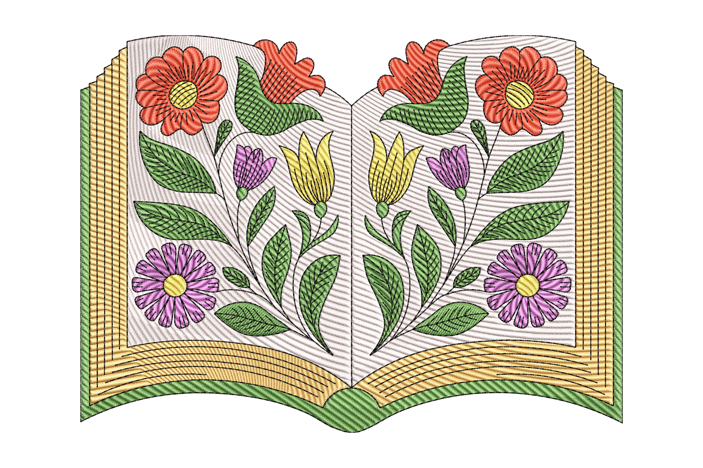 Floral Open Book Illustration Machine Embroidery Design
