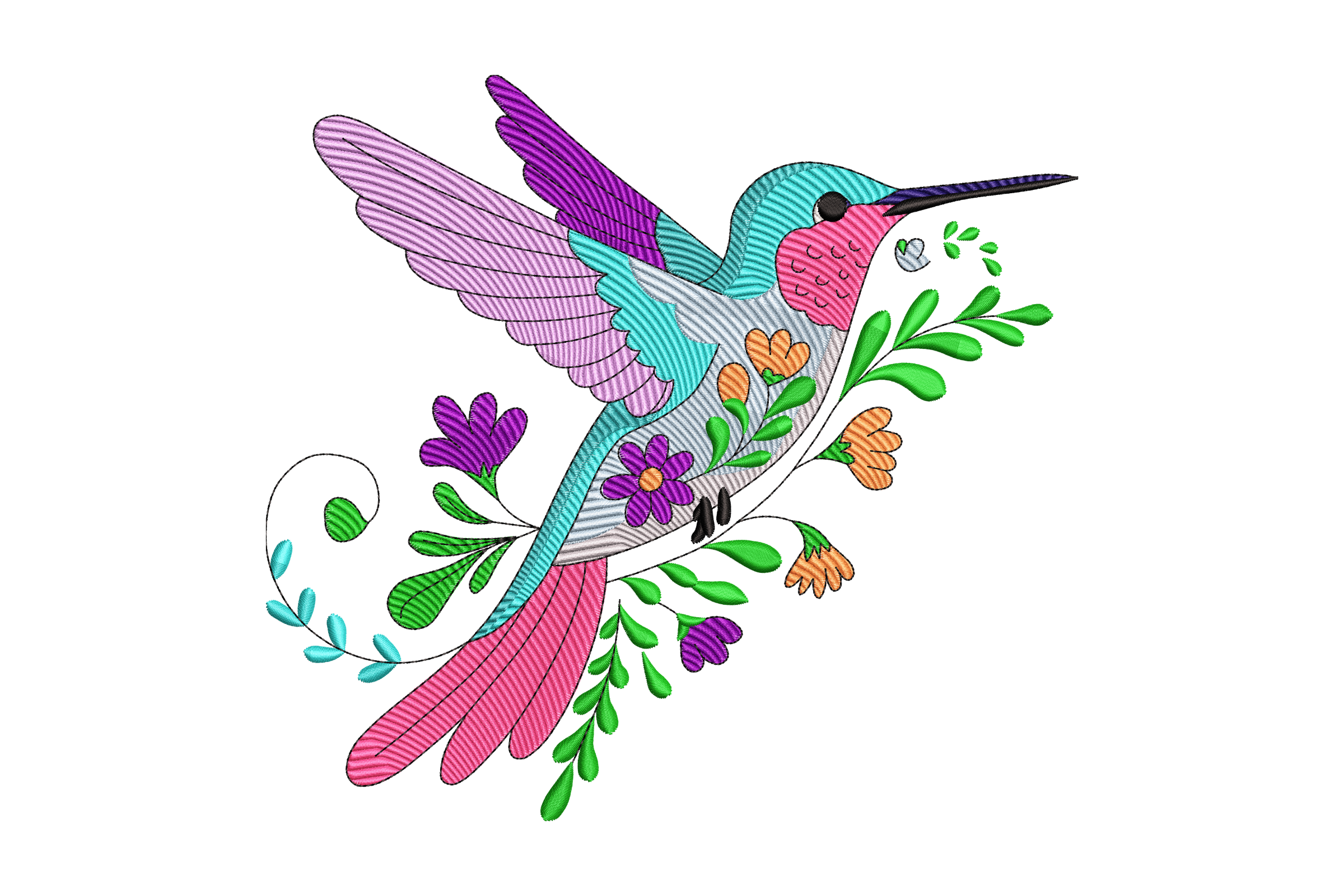 Colorful Hummingbird Floral Machine Embroidery Design