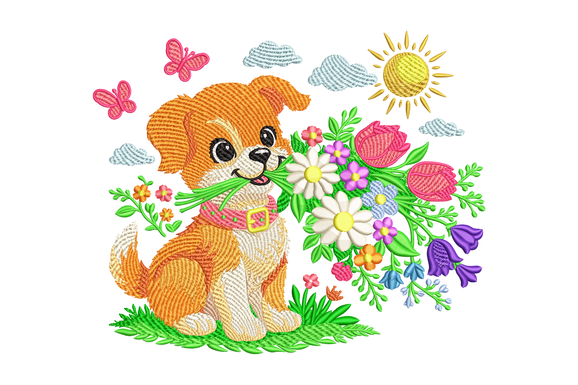 Cute Puppy Spring Flower Machine Embroidery Design