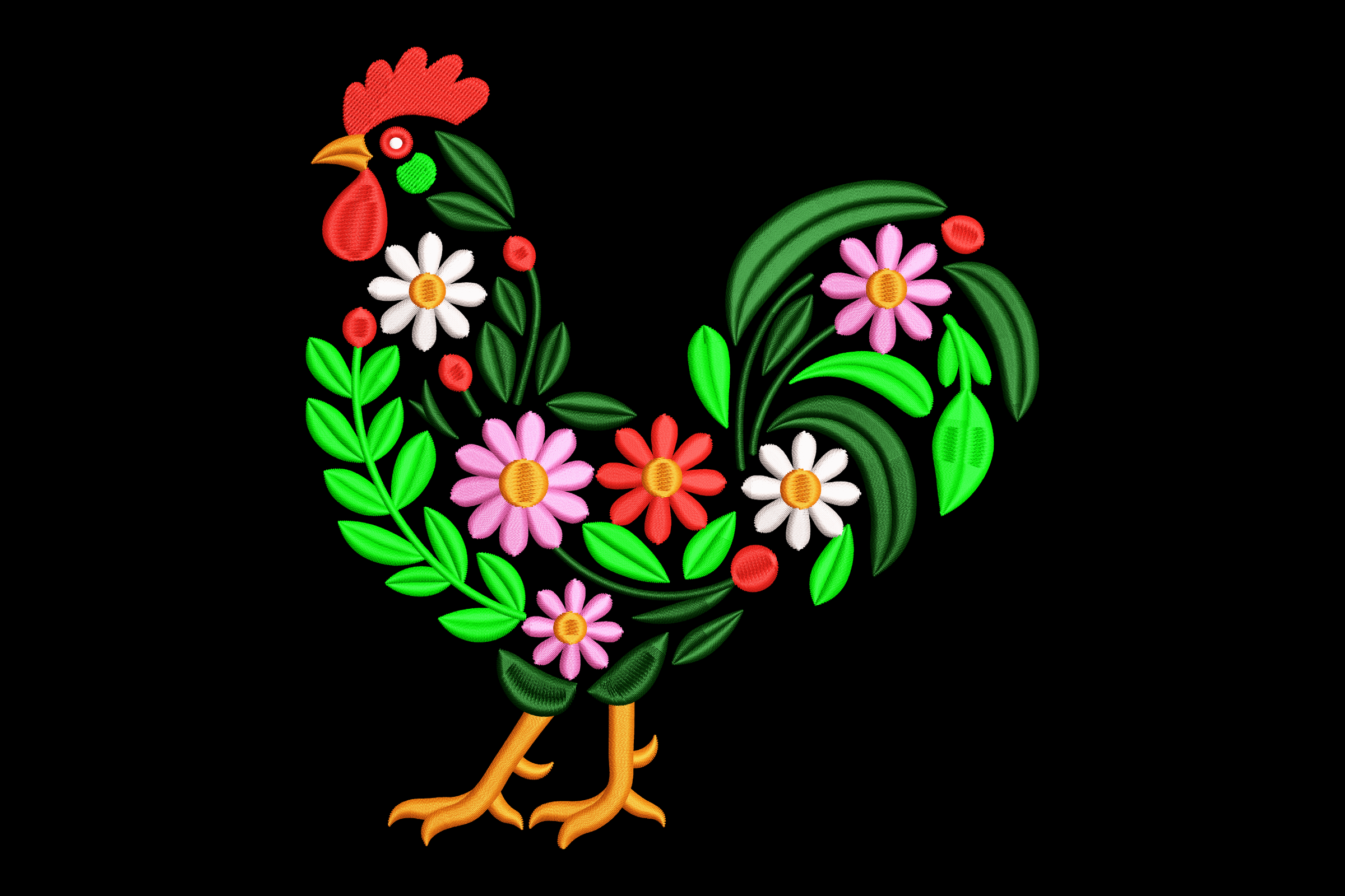 Floral Rooster Garden Machine Embroidery Design